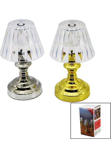 Pilli Mini Klasik Model LED Abajur Mika Kristal Başlık - Gold - Krom Ayak (5047)