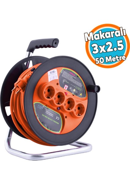 Plastik Makaralı Seyyar IP20 4 Prizli Uzatma Kablosu 3x2.5 mm Cca Kablo 50 Metre Termal Sigorta