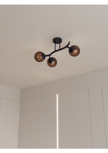 Noria Metal Gövdeli 3’lü Cam Küre Avize | Kavisli Tavan Aydınlatma Avize Modeli