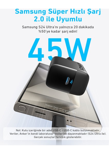 Şarj Cihazı (45W) Usb-C ve Usb-C Kablolu (2'li Set) - B2653 - Siyah (Anker Türkiye Garantili)