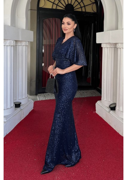 Pul Payet Kumaş V Yaka Abiye Elbise - Lacivert fiyatları