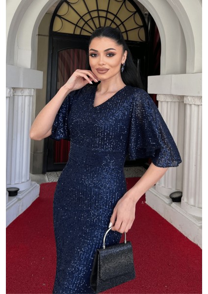 Pul Payet Kumaş V Yaka Abiye Elbise - Lacivert modelleri