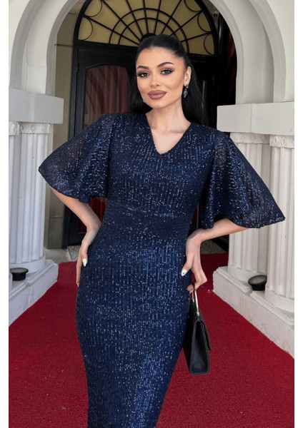 Pul Payet Kumaş V Yaka Abiye Elbise - Lacivert fırsatları