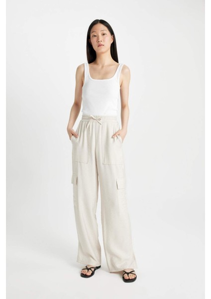 Wide Leg Dökümlü Kumaş Pantolon Beli Lastikli Bağcıklı Geniş Bol Paça Cepli Yüksek Bel Uzun Boy Paça Yırtmaçlı A9212AX24SM fırsatları