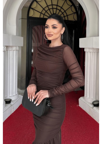 Tül Kumaş Büzgü Detaylı Kalem Elbise - Kahverengi fırsatları