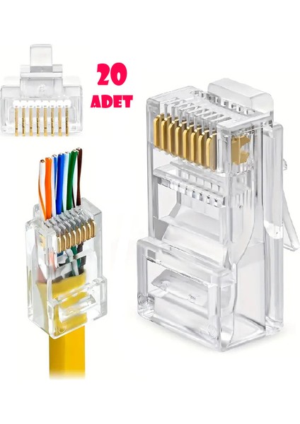 Yeni Nesil Ez RJ45 Konnektör Plug Cat6 Delikli Açık Uçlu Jack EZRJ45 (20 Adet)