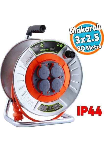 Metal Makaralı Seyyar Kablo Kapaklı 4 Prizli Uzatma Kablosu 3x2.5 mm Cca Kablo 30 Metre