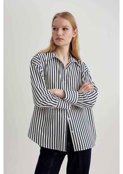 Oversize Fit Poplin Uzun Kollu Çizgili Gömlek W7702AZ24SP