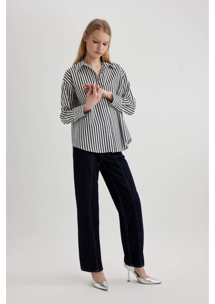 Oversize Fit Poplin Uzun Kollu Çizgili Gömlek W7702AZ24SP
