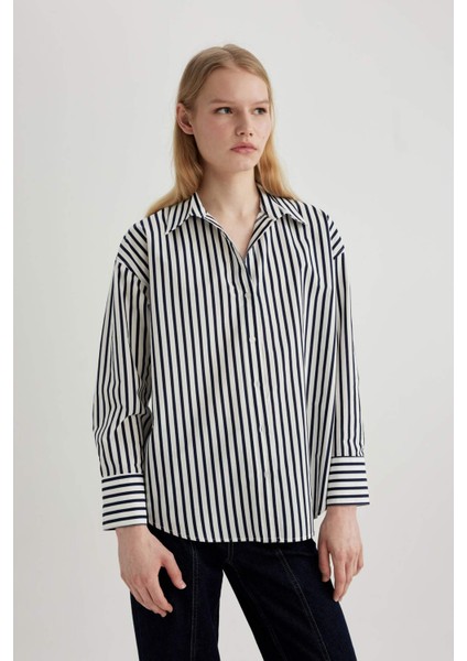 Oversize Fit Poplin Uzun Kollu Çizgili Gömlek W7702AZ24SP
