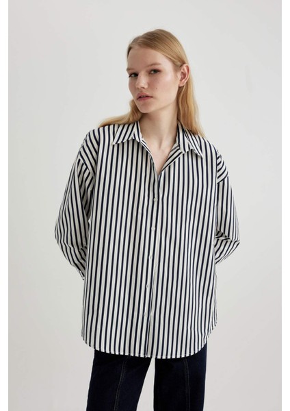 Oversize Fit Poplin Uzun Kollu Çizgili Gömlek W7702AZ24SP