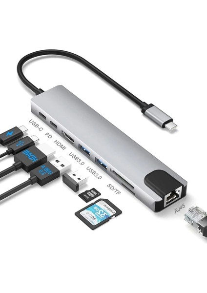 Macbook Pro Air Uyumlu Type-C 8in1 Dönüştürücü Çoklayıcı USB / Lan / Hdmı 4K / Type-C 87W Pd