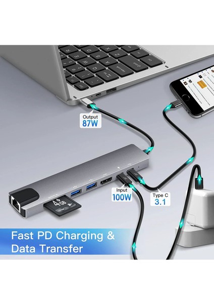 Macbook Pro Air Uyumlu Type-C 8in1 Dönüştürücü Çoklayıcı USB / Lan / Hdmı 4K / Type-C 87W Pd modelleri
