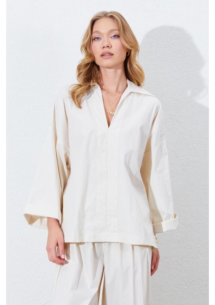 Kadın Taş Derin V Yakalı Dirsek Kol Salaş Gömlek fırsatları