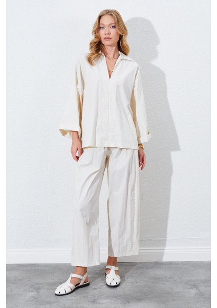 Kadın Taş Derin V Yakalı Dirsek Kol Salaş Gömlek indirimleri