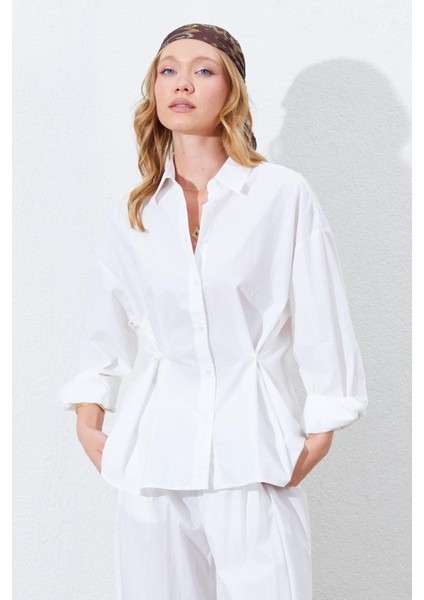 Kadın Kemik Bel Oturtmalı Bel Düğme Detaylı Gömlek