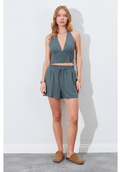 Kadın Haki Crop Bluz Şort Keten Takım