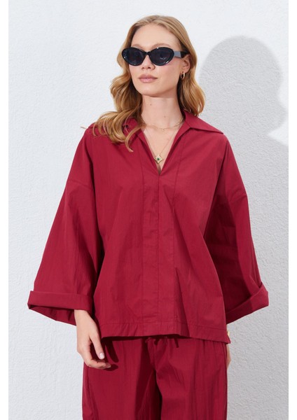 Kadın Bordo Derin V Yakalı Dirsek Kol Salaş Gömlek fiyatları