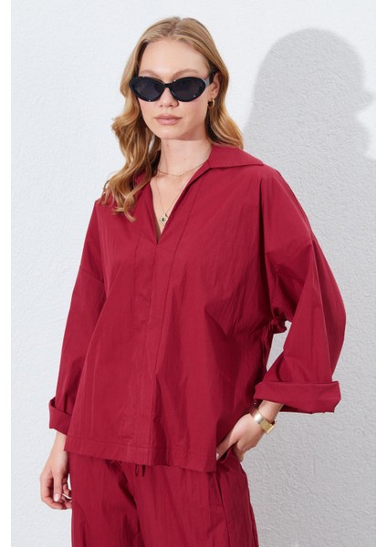 Kadın Bordo Derin V Yakalı Dirsek Kol Salaş Gömlek modelleri