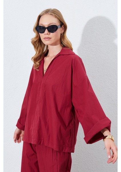 Kadın Bordo Derin V Yakalı Dirsek Kol Salaş Gömlek fırsatları