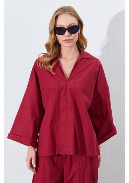 Kadın Bordo Derin V Yakalı Dirsek Kol Salaş Gömlek indirimleri