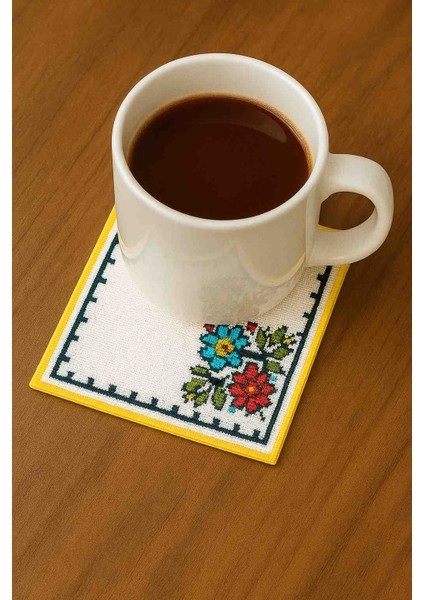 6'lı Tela Peçete Bardak Fincan Altlığı Çiçek Işlemeli Kokteyl Sunum Peçete 13CM