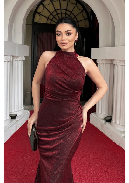 Simli Kumaş Boyundan Bağlamalı Balık Elbise - Bordo modelleri