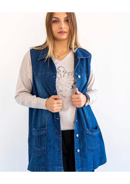 Büyük Beden %100 Pamuk Iki Cepli Metal Düğmeli 75 cm Boyda Ince Denim Jean Yelek fiyatları