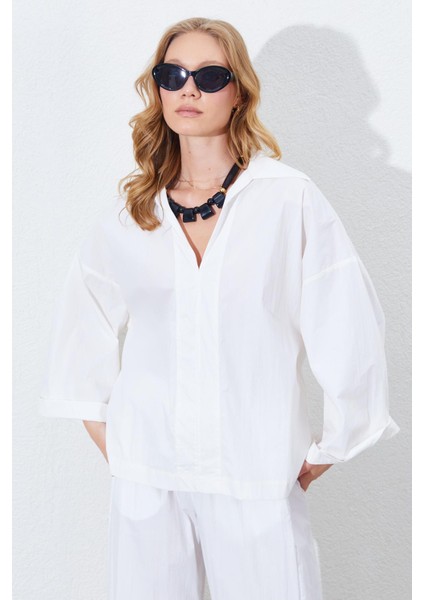 Kadın Kemik Derin V Yakalı Dirsek Kol Salaş Gömlek modelleri