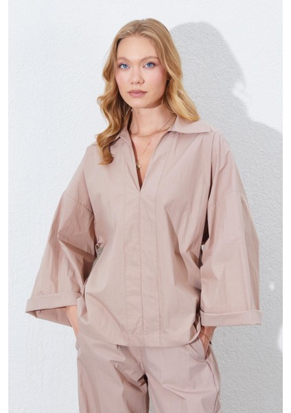 Kadın Vizon Derin V Yakalı Dirsek Kol Salaş Gömlek fiyatları