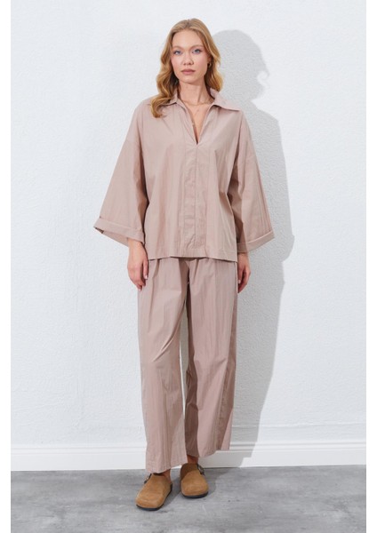 Kadın Vizon Derin V Yakalı Dirsek Kol Salaş Gömlek fırsatları