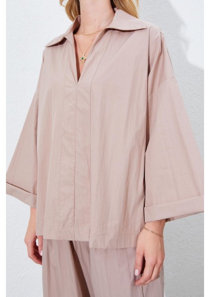 Kadın Vizon Derin V Yakalı Dirsek Kol Salaş Gömlek indirimleri