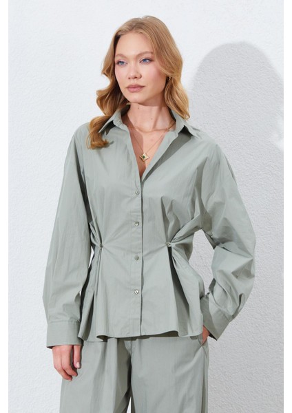 Kadın Çağla Bel Oturtmalı Bel Düğme Detaylı Gömlek fiyatları