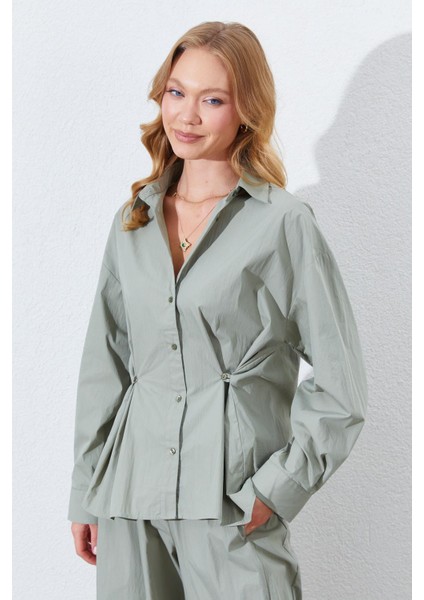 Kadın Çağla Bel Oturtmalı Bel Düğme Detaylı Gömlek modelleri