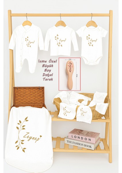 Kız Bebek %100 Pamuk Organik Isim Baskılı Yenidoğan Hastane Çıkışı Fırça Bebek Hediye Seti STL7020