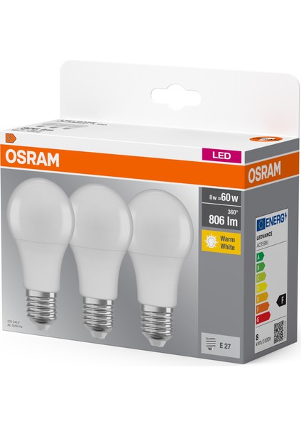 LED 8W 2700K 806LM E27 Duy Sarı Işık 3'lü Ampul