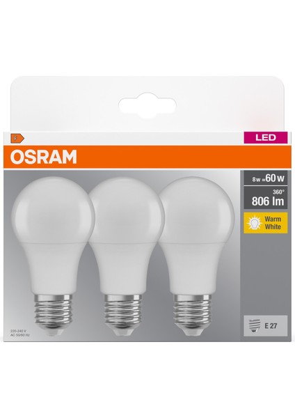 LED 8W 2700K 806LM E27 Duy Sarı Işık 3'lü Ampul