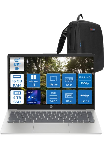 14-EP1025NT Intel Core Ultra 7 155H 16GB Ddr5 4tb SSD Intel® Aı Boost 14" Fullhd 300NITS IPS Windows 11 Home Taşınabilir Bilgisayar B86B8EAH05 + Zetta Çanta