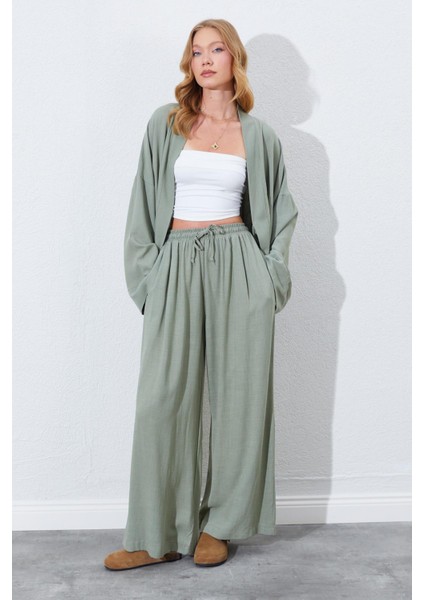 Kadın Haki Beli Lastikli Palazzo Keten Pantolon