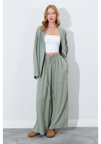 Kadın Haki Beli Lastikli Palazzo Keten Pantolon fiyatları