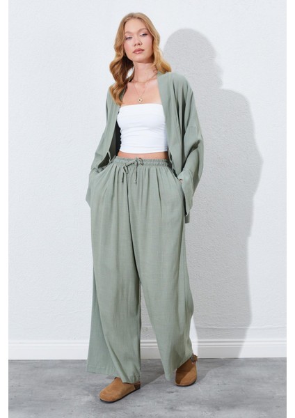 Kadın Haki Beli Lastikli Palazzo Keten Pantolon modelleri
