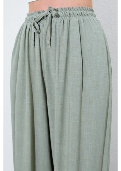 Kadın Haki Beli Lastikli Palazzo Keten Pantolon fırsatları
