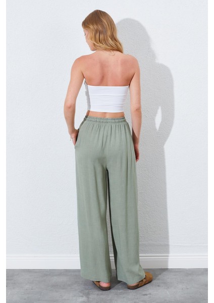 Kadın Haki Beli Lastikli Palazzo Keten Pantolon indirimleri