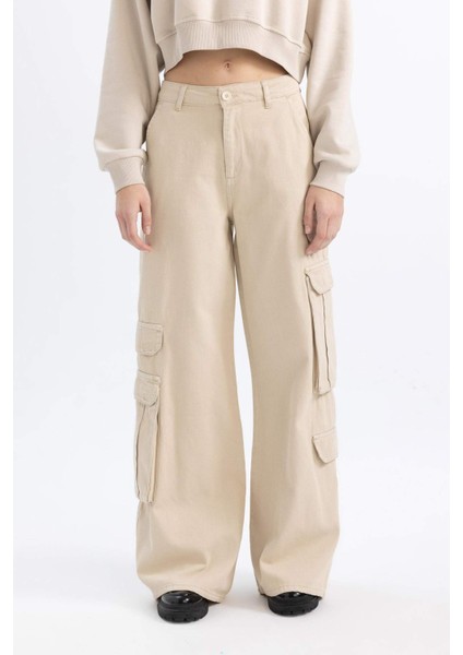 Coool Basic Düz Wide Leg Geniş Bol Paça Pantolon Gabardin Kumaş Kargo Cepli C3890AX24SP