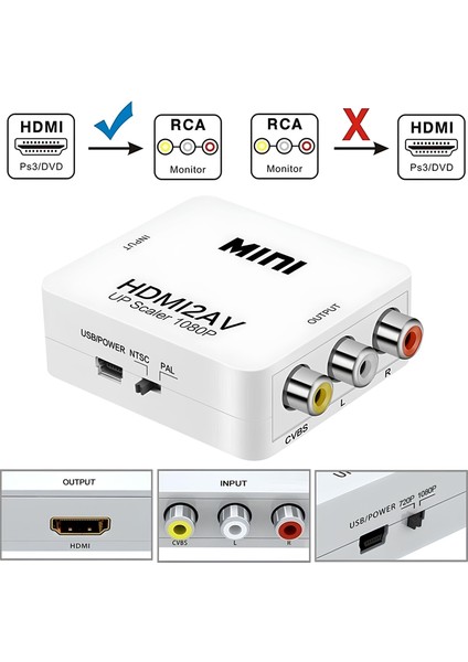 HDMI To Rca Av/cvsb L/r Video 1080P Mini HDMI2AV Hd Video Dönüştürücü
