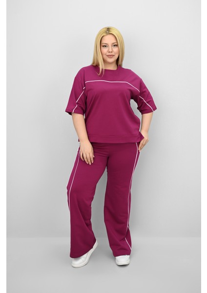 Kadın Büyük Beden Kısa Kollu Ara Biye Detaylı Bol Paça Eşofman Takımı 8189-25