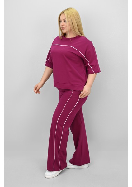 Kadın Büyük Beden Kısa Kollu Ara Biye Detaylı Bol Paça Eşofman Takımı 8189-25 fırsatları