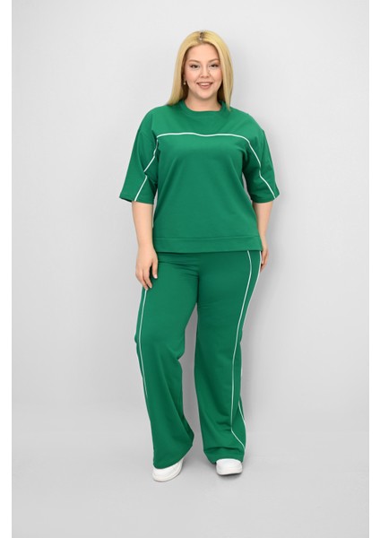 Kadın Büyük Beden Kısa Kollu Ara Biye Detaylı Bol Paça Eşofman Takımı 8189-25