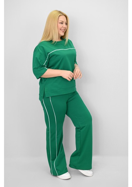 Kadın Büyük Beden Kısa Kollu Ara Biye Detaylı Bol Paça Eşofman Takımı 8189-25 modelleri