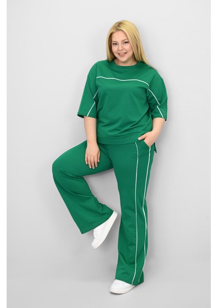 Kadın Büyük Beden Kısa Kollu Ara Biye Detaylı Bol Paça Eşofman Takımı 8189-25 fırsatları